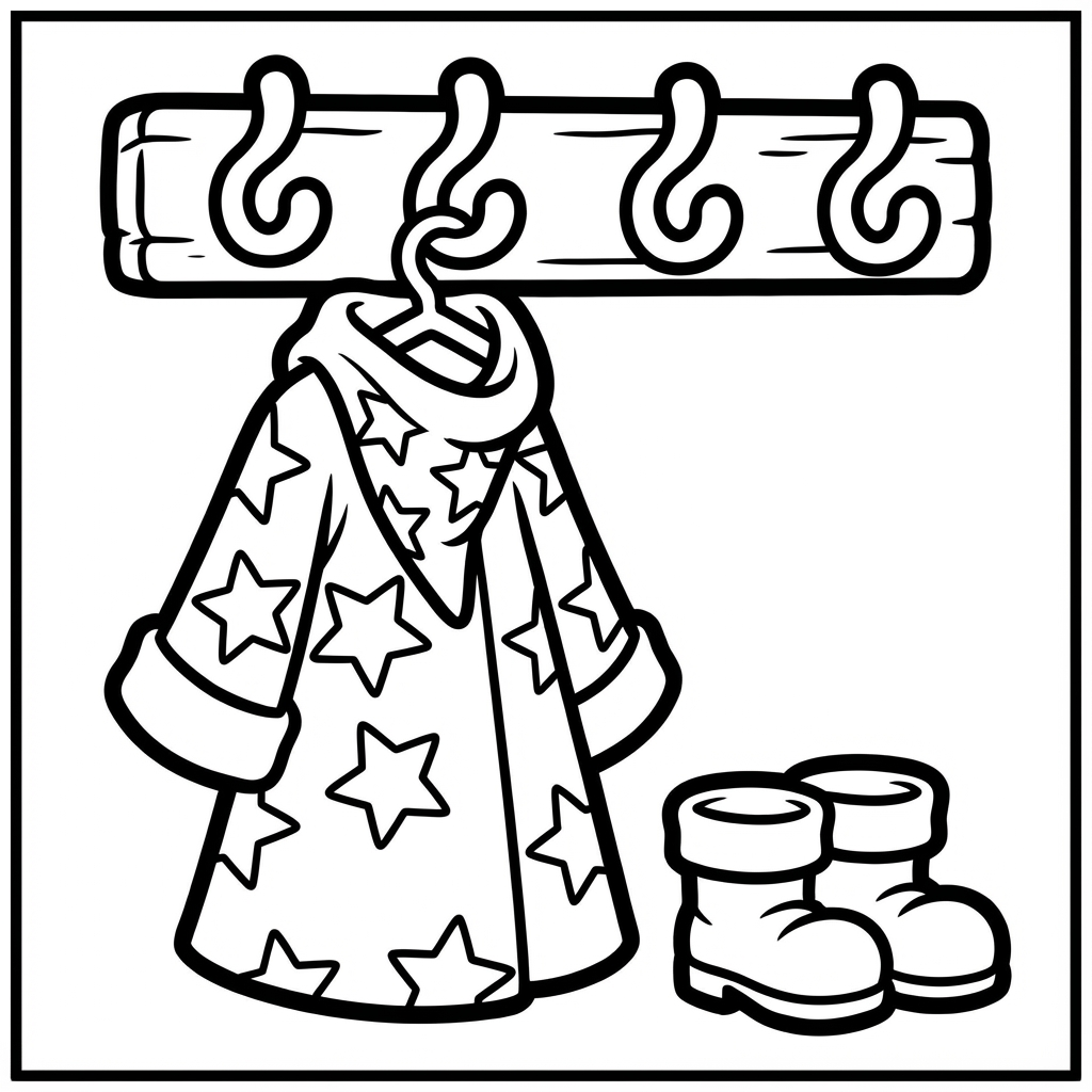 Starry coat and boots hanging on a wooden rack, a great bold line coloring pages piece.